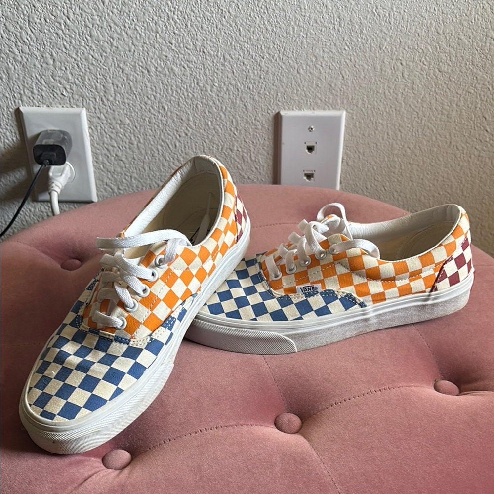 Vans Checkerboard Low Top Sneakers - Blue, Orange & Maroon